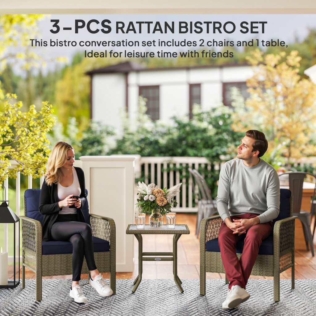Outsunny 3 Pieces Rattan Bistro Set with Tempered Glass Table - SGP Garden Ltd
