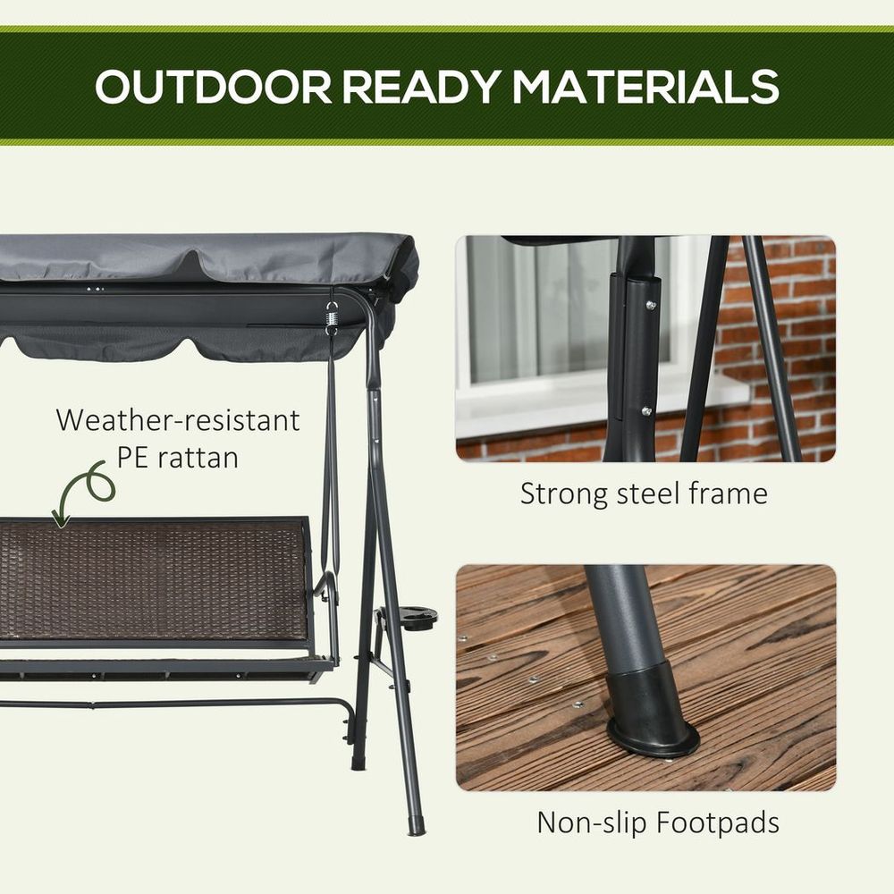 Outsunny 3-Seater Garden Swing Seat Bench | Adjustable Canopy | Rattan Seat - SGP Garden Ltd