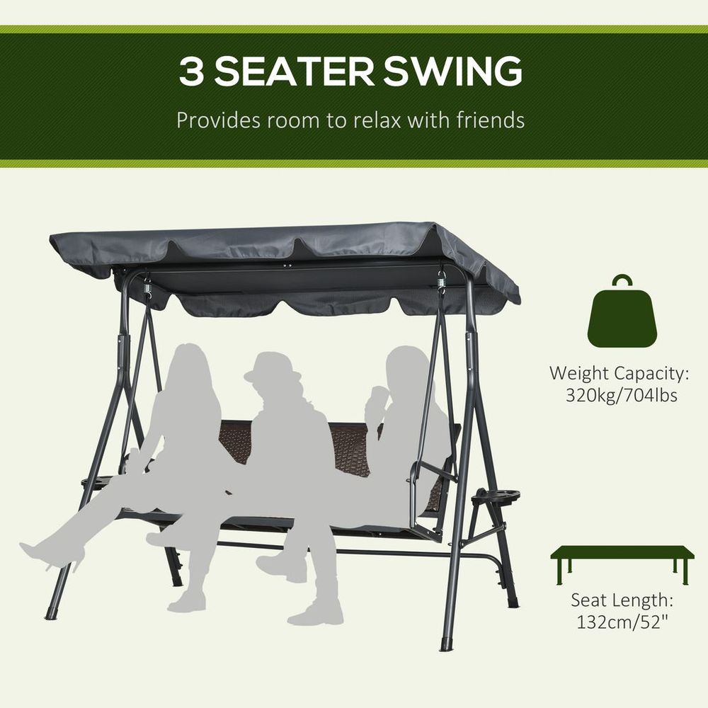 Outsunny 3-Seater Garden Swing Seat Bench | Adjustable Canopy | Rattan Seat - SGP Garden Ltd