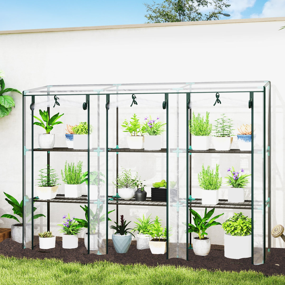 Outsunny 3 Tier Lean-to Mini Greenhouse with Plastic Cover, Clear - SGP Garden Ltd