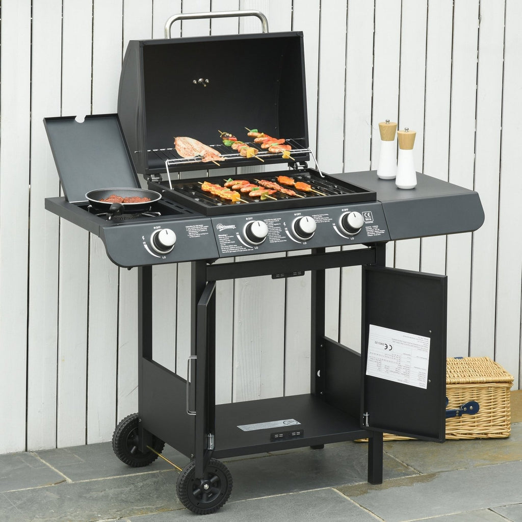 Outsunny 3+1 Burner Gas BBQ Grill, Outdoor Barbecue Trolley with Wheels, Warming Rack, Side Shelves, Cabinet, Thermometer for Garden, Party, Camping, 110L x 50W x 100Hcm, Black - SGP Garden Ltd