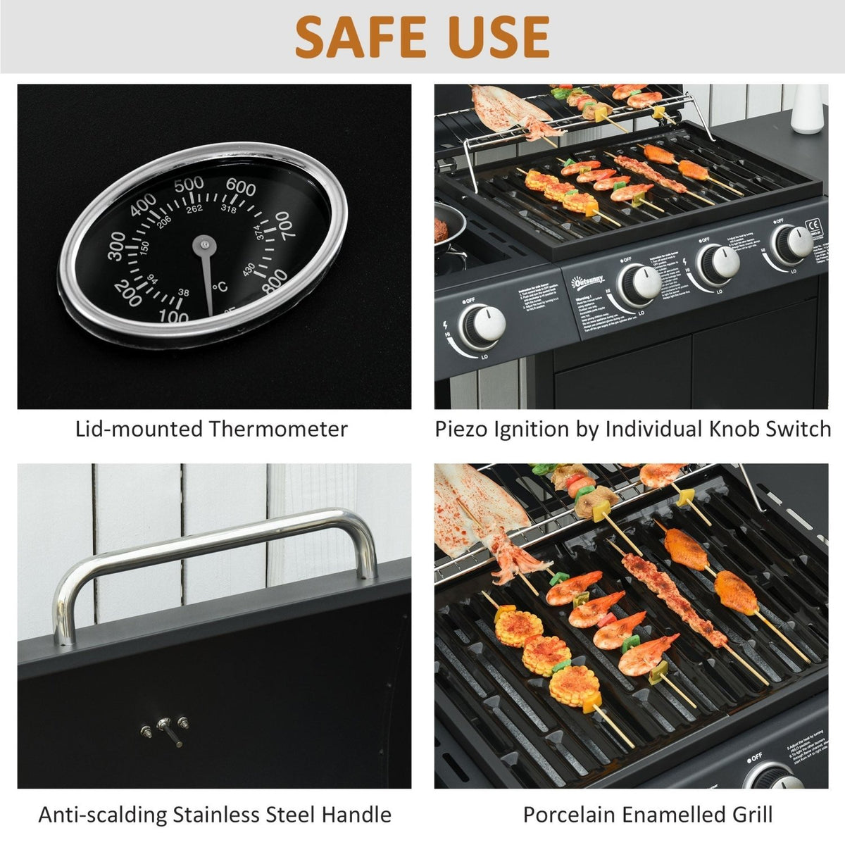 Outsunny 3+1 Burner Gas BBQ Grill, Outdoor Barbecue Trolley with Wheels, Warming Rack, Side Shelves, Cabinet, Thermometer for Garden, Party, Camping, 110L x 50W x 100Hcm, Black - SGP Garden Ltd