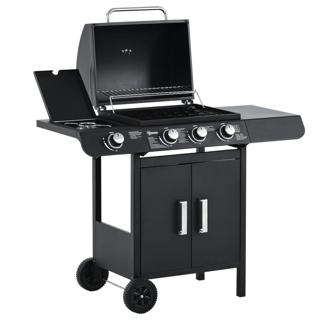 Outsunny 3+1 Burner Gas BBQ Grill, Outdoor Barbecue Trolley with Wheels, Warming Rack, Side Shelves, Cabinet, Thermometer for Garden, Party, Camping, 110L x 50W x 100Hcm, Black - SGP Garden Ltd