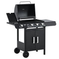 Outsunny 3+1 Burner Gas BBQ Grill, Outdoor Barbecue Trolley with Wheels, Warming Rack, Side Shelves, Cabinet, Thermometer for Garden, Party, Camping, 110L x 50W x 100Hcm, Black - SGP Garden Ltd