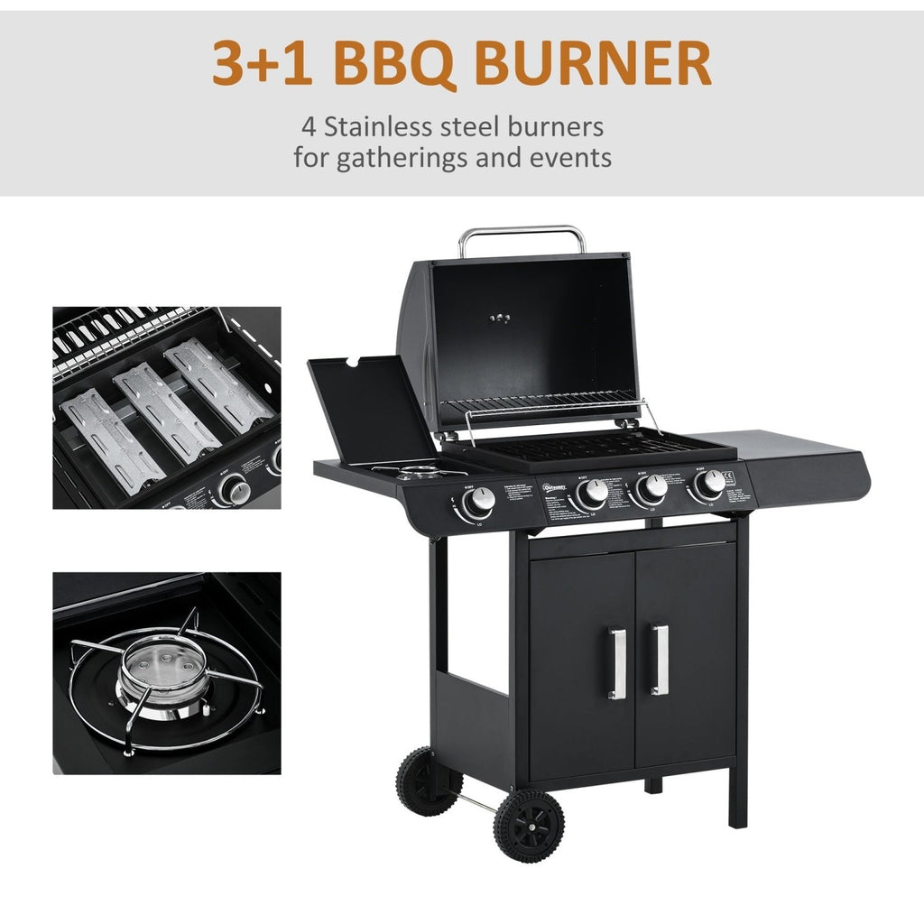 Outsunny 3+1 Burner Gas BBQ Grill, Outdoor Barbecue Trolley with Wheels, Warming Rack, Side Shelves, Cabinet, Thermometer for Garden, Party, Camping, 110L x 50W x 100Hcm, Black - SGP Garden Ltd