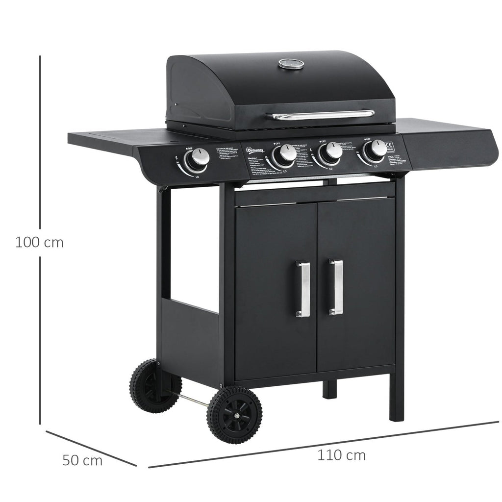 Outsunny 3+1 Burner Gas BBQ Grill, Outdoor Barbecue Trolley with Wheels, Warming Rack, Side Shelves, Cabinet, Thermometer for Garden, Party, Camping, 110L x 50W x 100Hcm, Black - SGP Garden Ltd