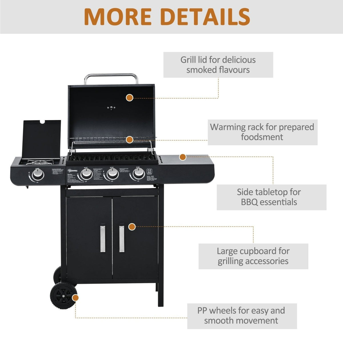Outsunny 3+1 Burner Gas BBQ Grill, Outdoor Barbecue Trolley with Wheels, Warming Rack, Side Shelves, Cabinet, Thermometer for Garden, Party, Camping, 110L x 50W x 100Hcm, Black - SGP Garden Ltd