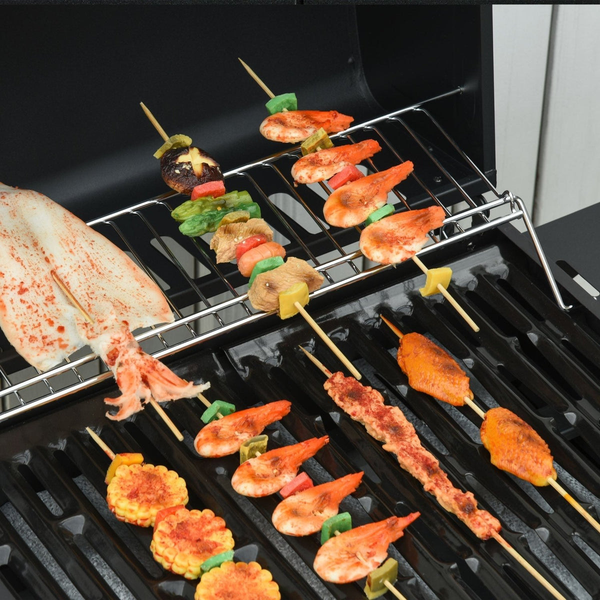 Outsunny 3+1 Burner Gas BBQ Grill, Outdoor Barbecue Trolley with Wheels, Warming Rack, Side Shelves, Cabinet, Thermometer for Garden, Party, Camping, 110L x 50W x 100Hcm, Black - SGP Garden Ltd