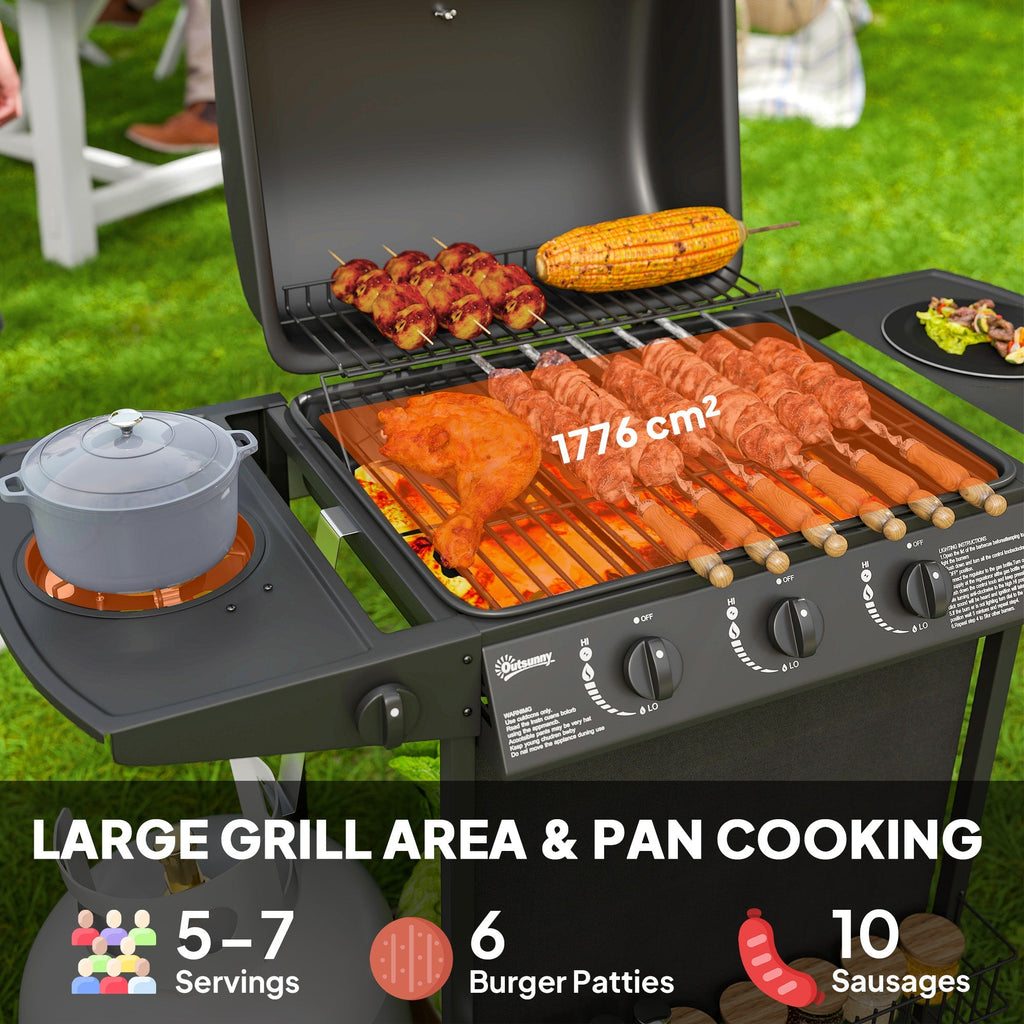 Outsunny 3+1 Burner Gas BBQ Grill, Portable Gas Barbecue Grill with Built-in Thermometer, Lid, Side Table, Shelf, Spice Rack, Wheels, Grease Cup for Garden Party Outdoor Cooking, Black - SGP Garden Ltd