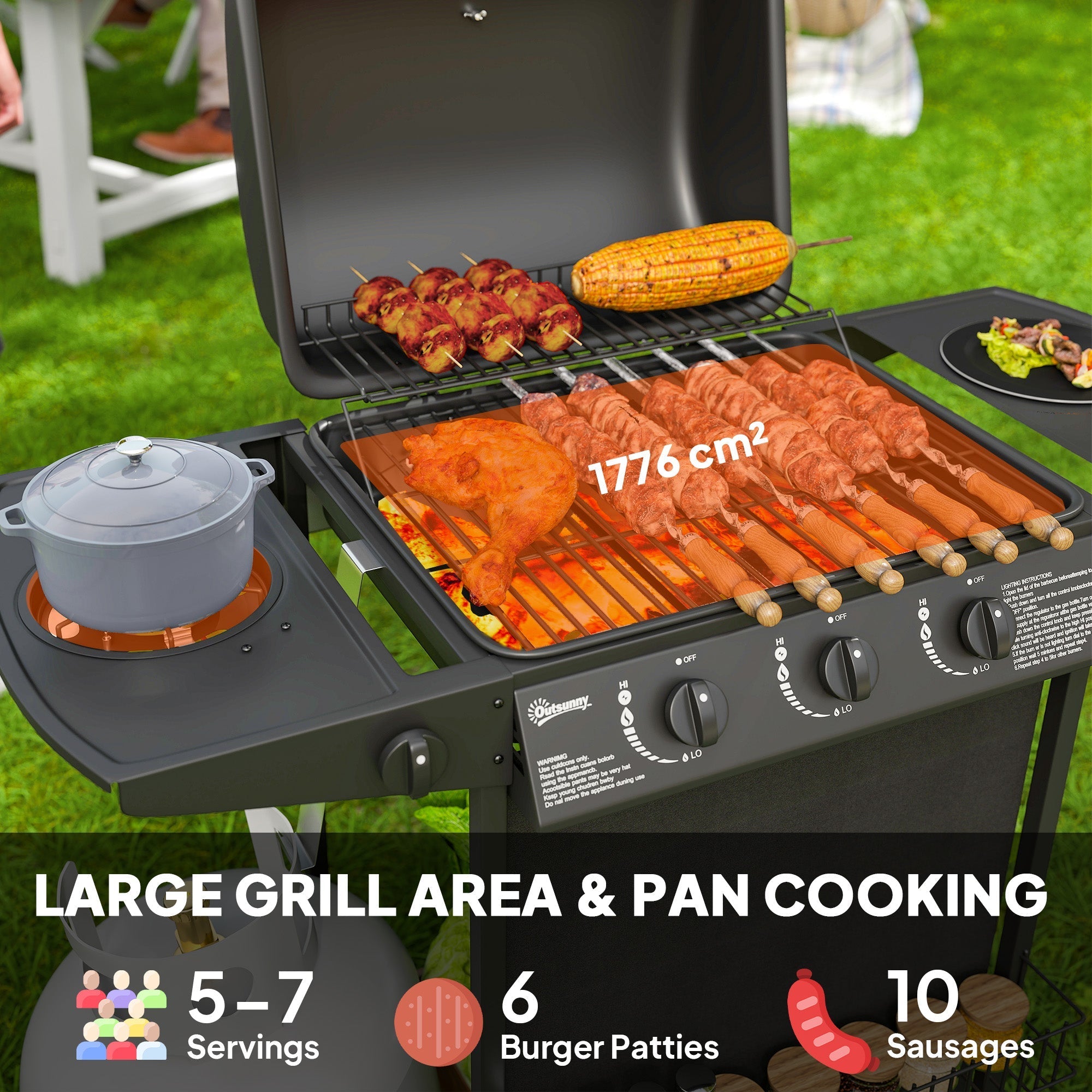 Outsunny 3+1 Burner Gas BBQ Grill, Portable Gas Barbecue Grill with Built-in Thermometer, Lid, Side Table, Shelf, Spice Rack, Wheels, Grease Cup for Garden Party Outdoor Cooking, Black - SGP Garden Ltd