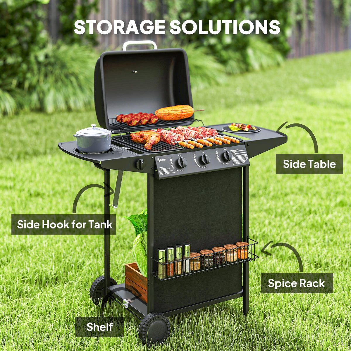 Outsunny 3+1 Burner Gas BBQ Grill, Portable Gas Barbecue Grill with Built-in Thermometer, Lid, Side Table, Shelf, Spice Rack, Wheels, Grease Cup for Garden Party Outdoor Cooking, Black - SGP Garden Ltd