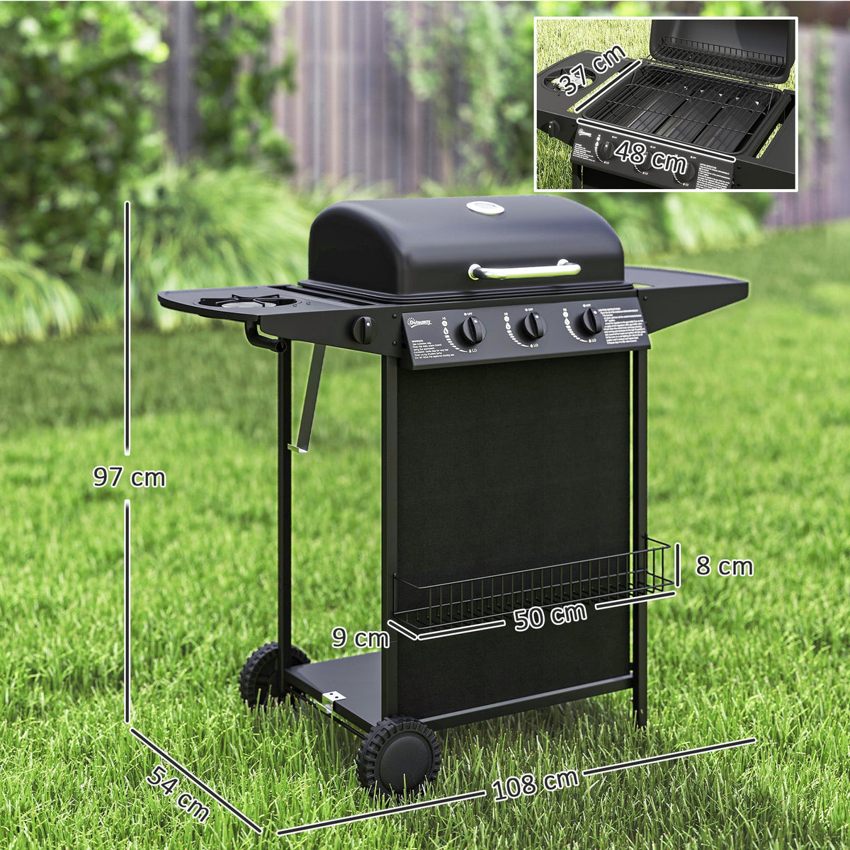 Outsunny 3+1 Burner Gas BBQ Grill, Portable Gas Barbecue Grill with Built-in Thermometer, Lid, Side Table, Shelf, Spice Rack, Wheels, Grease Cup for Garden Party Outdoor Cooking, Black - SGP Garden Ltd