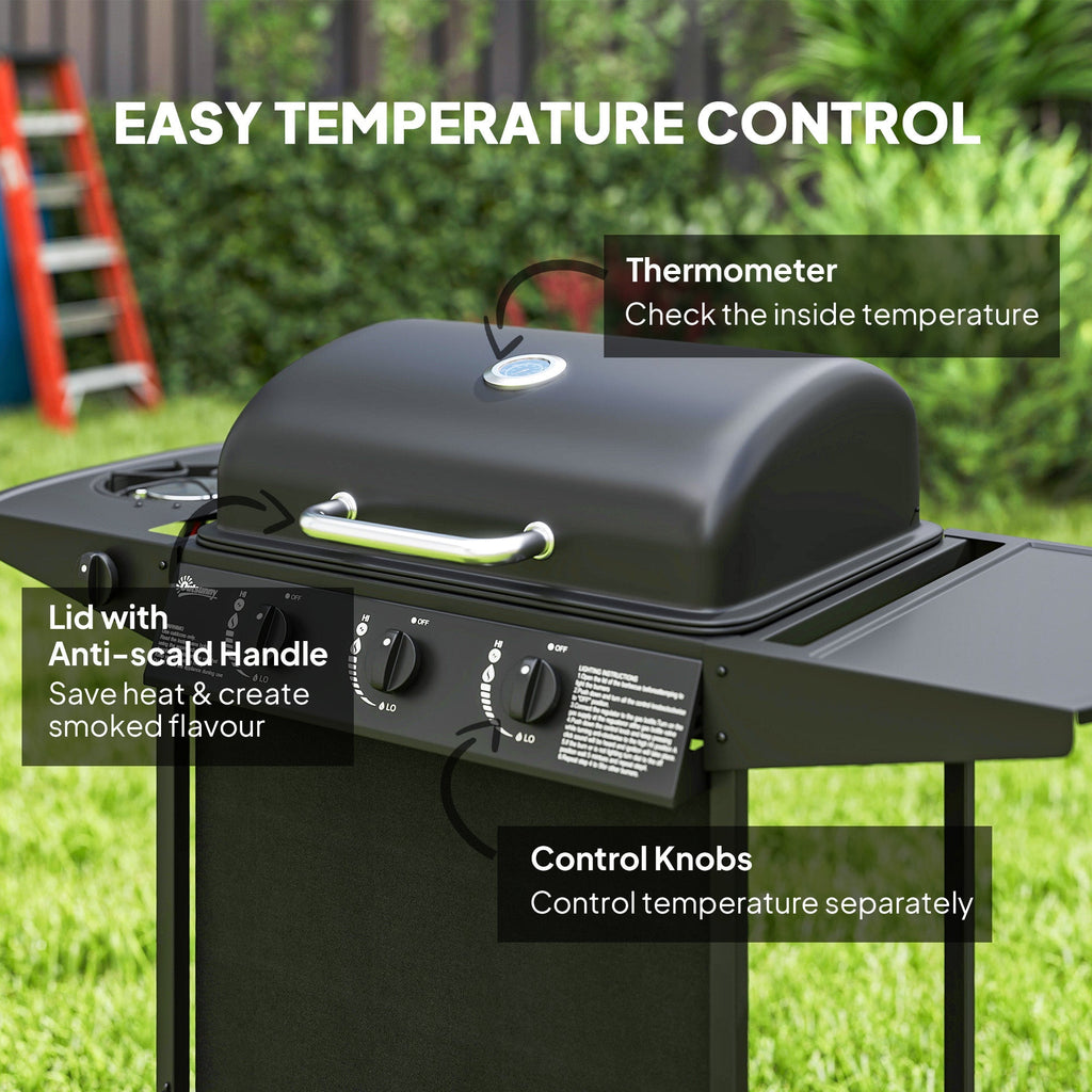 Outsunny 3+1 Burner Gas BBQ Grill, Portable Gas Barbecue Grill with Built-in Thermometer, Lid, Side Table, Shelf, Spice Rack, Wheels, Grease Cup for Garden Party Outdoor Cooking, Black - SGP Garden Ltd