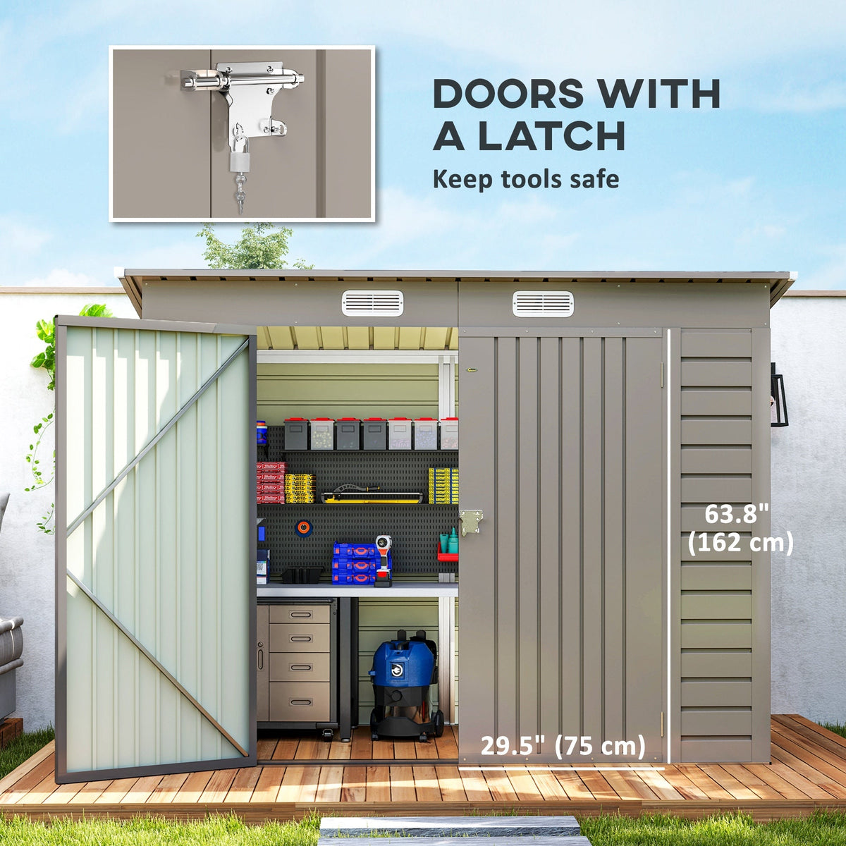 Outsunny 3.7 x 7.9ft Galvanised Steel Shed, with Latched Door and Padlock - Light Grey - SGP Garden Ltd