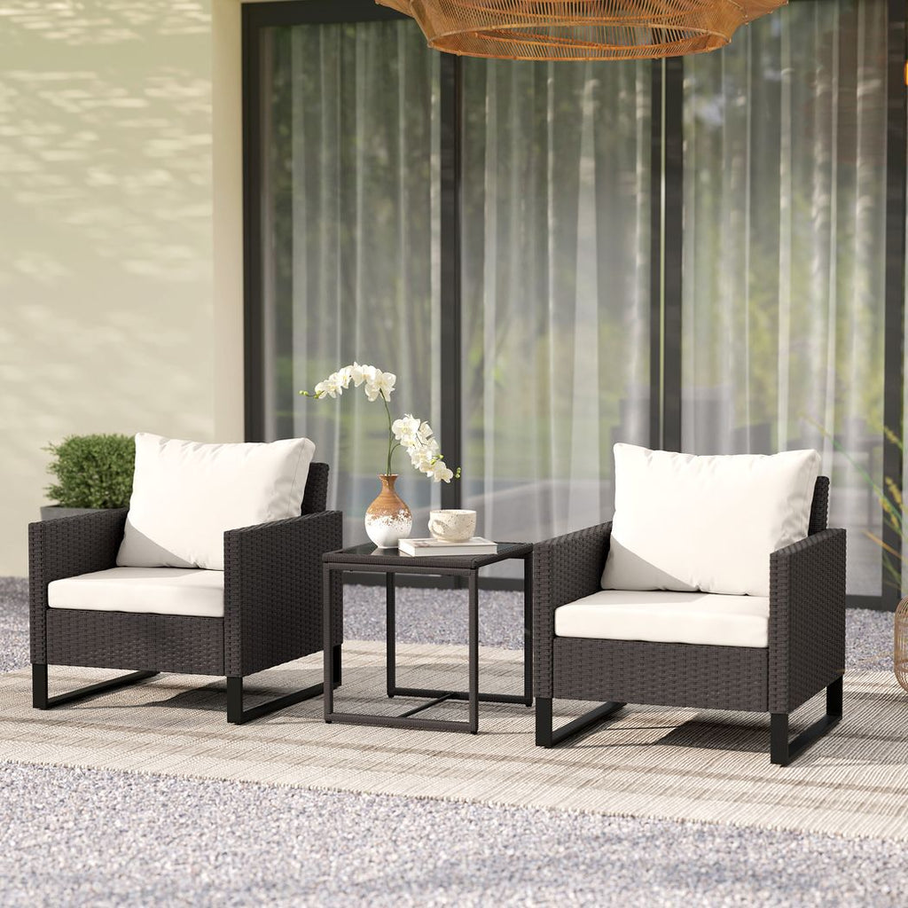 Outsunny 3PCS Rattan Bistro Set Glass Top Table and Chairs with 4 Cushions - SGP Garden Ltd