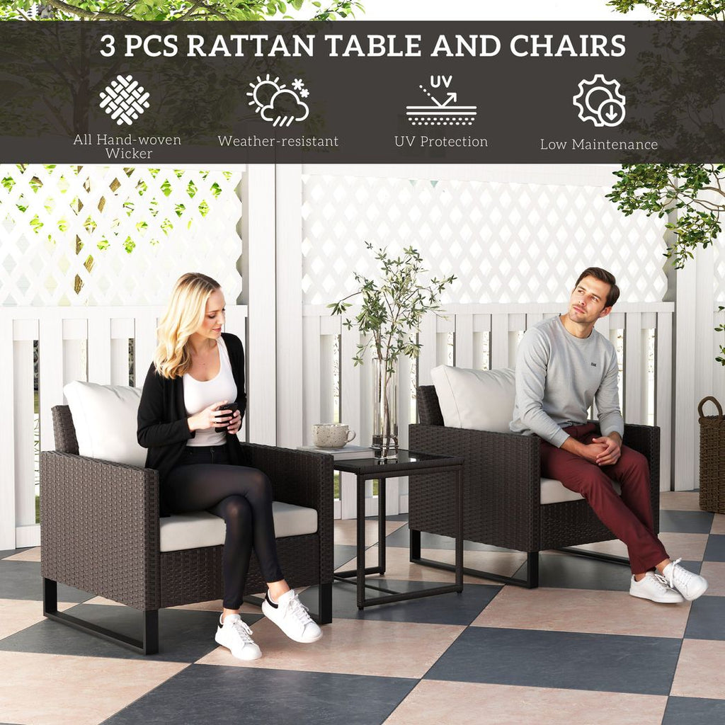 Outsunny 3PCS Rattan Bistro Set Glass Top Table and Chairs with 4 Cushions - SGP Garden Ltd