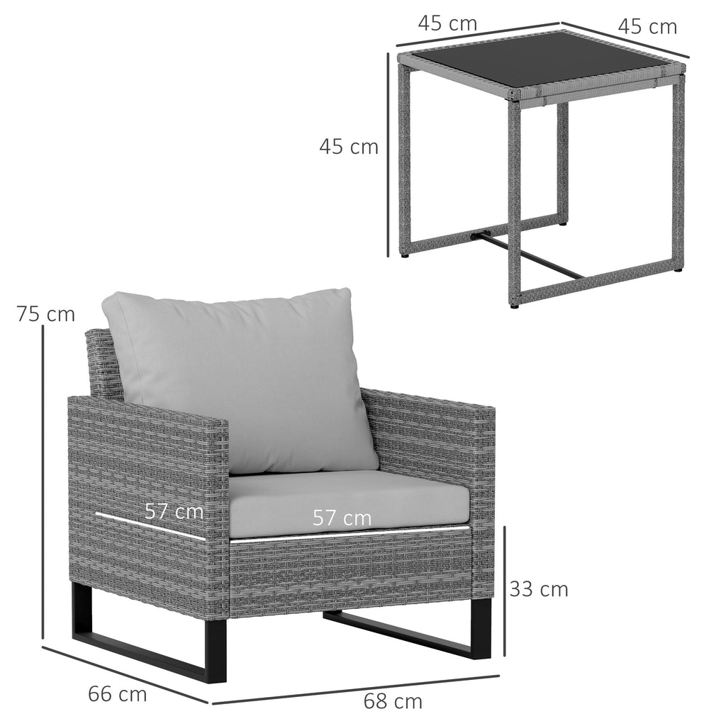 Outsunny 3PCS Rattan Bistro Set Glass Top Table and Chairs with 4 Cushions - SGP Garden Ltd