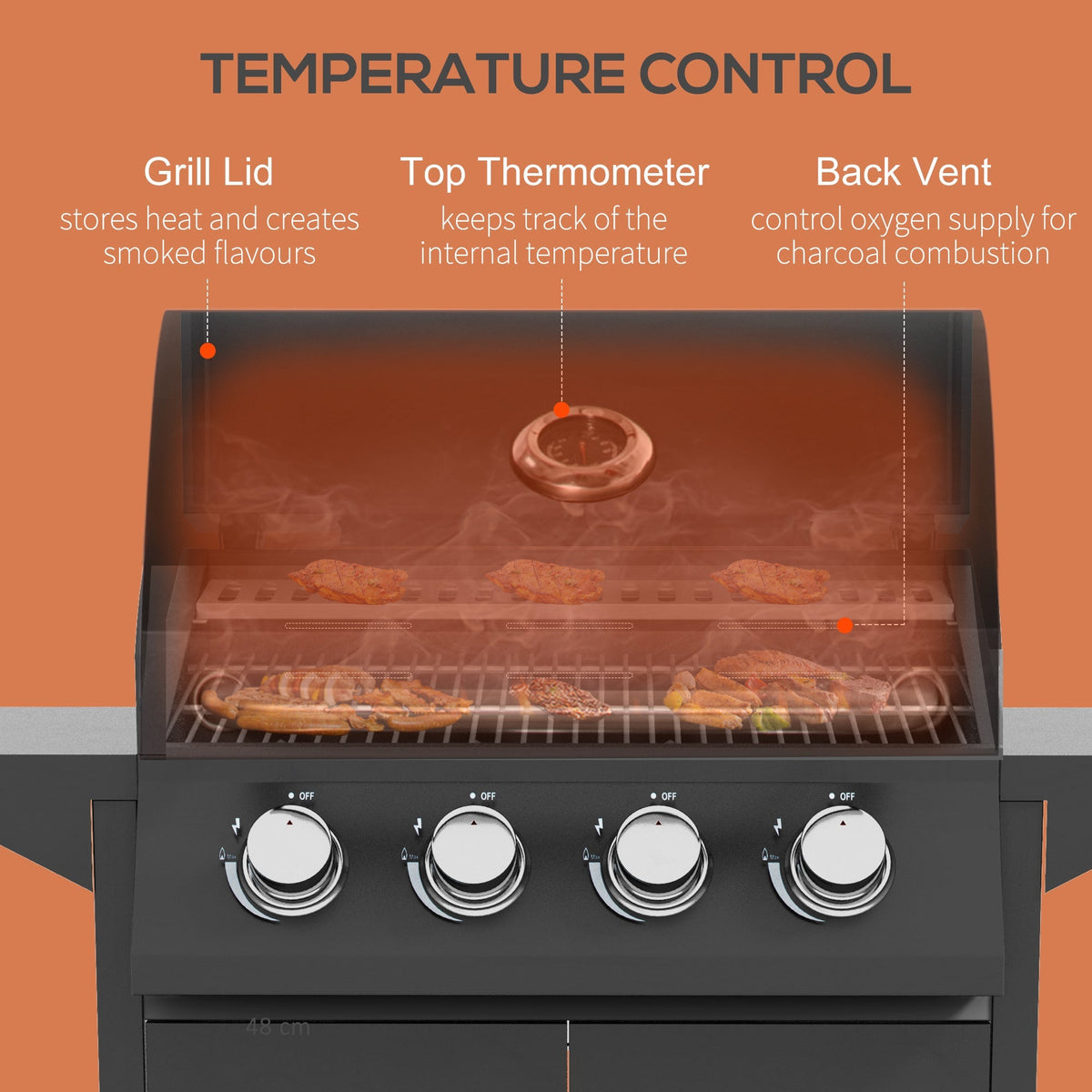 Outsunny 4 Burner Gas BBQ Grill Outdoor Portable Barbecue Trolley w/ Warming Rack, Side Shelves, Storage Cabinet, Thermometer - SGP Garden Ltd