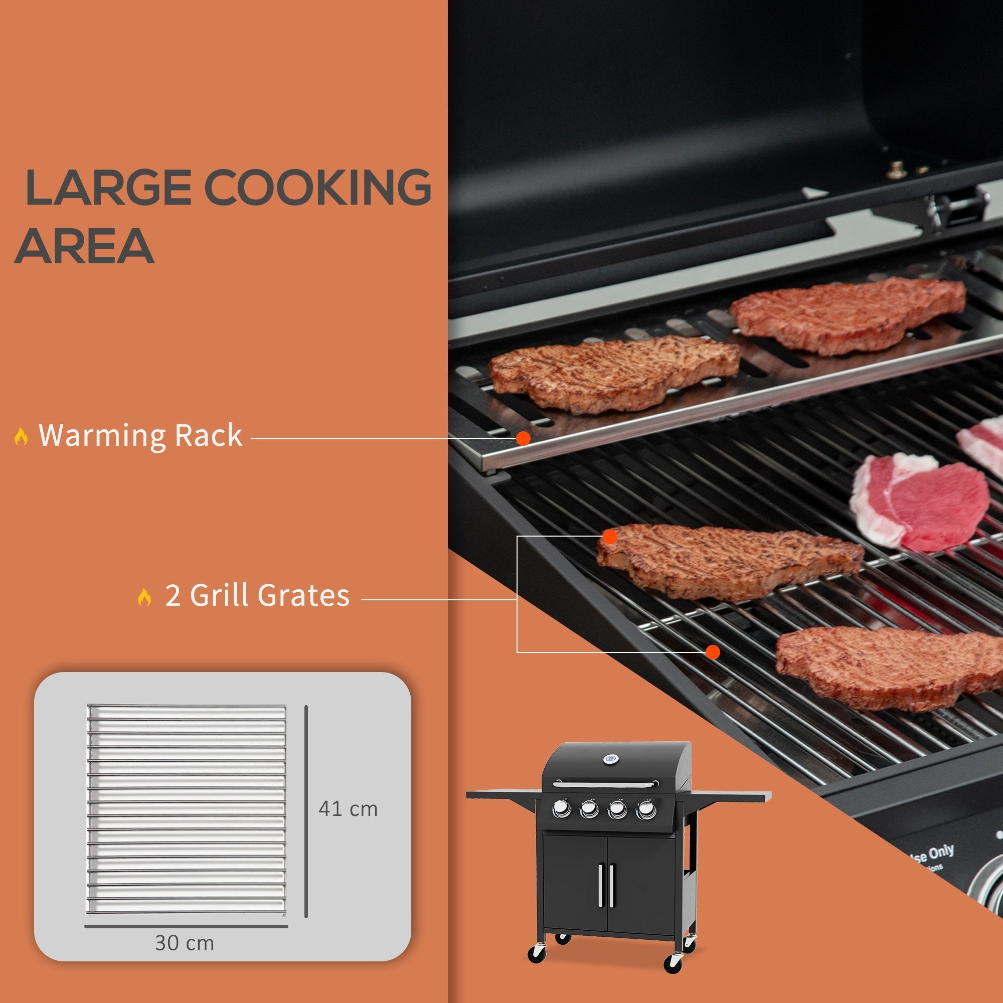 Outsunny 4 Burner Gas BBQ Grill Outdoor Portable Barbecue Trolley w/ Warming Rack, Side Shelves, Storage Cabinet, Thermometer - SGP Garden Ltd