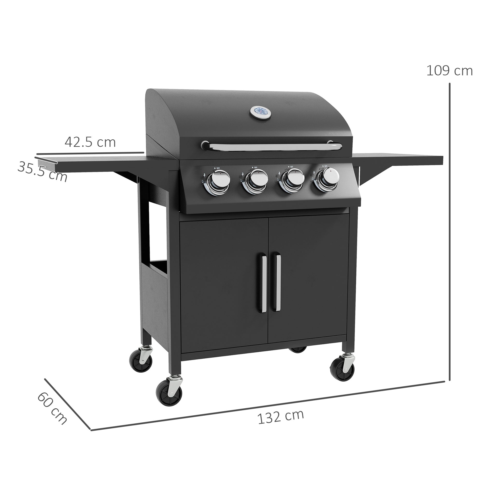 Outsunny 4 Burner Gas BBQ Grill Outdoor Portable Barbecue Trolley w/ Warming Rack, Side Shelves, Storage Cabinet, Thermometer - SGP Garden Ltd