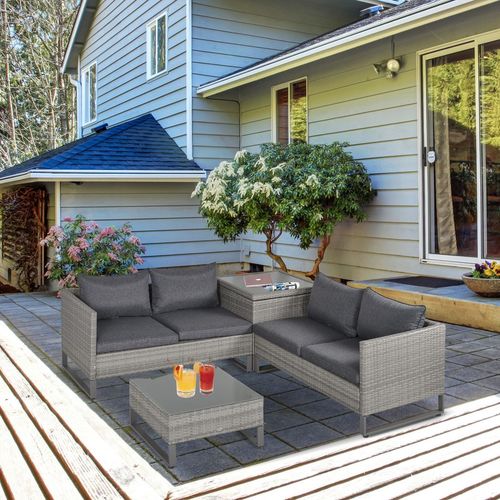 Outsunny 4 PCs Rattan Wicker Sofa Set Conservatory Furniture w/ Side Storage Box - SGP Garden Ltd
