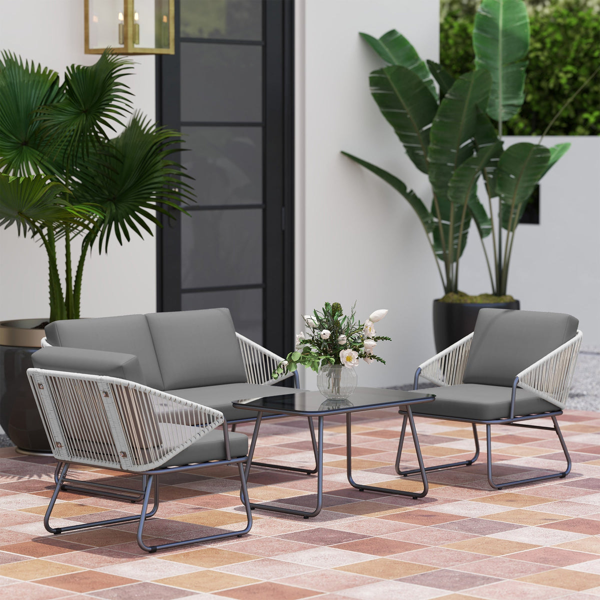 Outsunny 4 Piece Rattan Garden Furniture Set with Cushions, Grey - SGP Garden Ltd