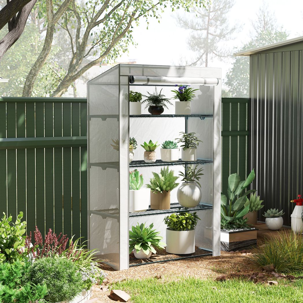 Outsunny 4 Tier Lean-to Mini Greenhouse with Reinforced PE Cover - SGP Garden Ltd