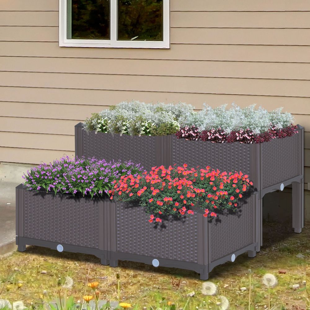 Outsunny 4-Tier Rattan Garden Planter - Brown & Grey, Raised Design, Durable Plastic, Easy Setup - SGP Garden Ltd