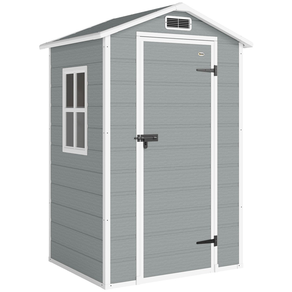 Outsunny 4 x 3 ft Plastic Garden Shed with Floor, Outdoor Storage Shed with Lockable Door, Window and Vent, Light Grey - SGP Garden Ltd