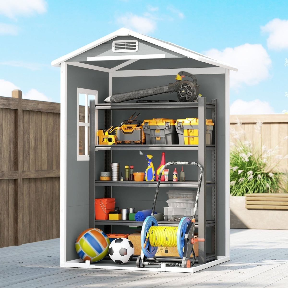 Outsunny 4 x 3 ft Plastic Garden Shed with Floor, Outdoor Storage Shed with Lockable Door, Window and Vent, Light Grey - SGP Garden Ltd