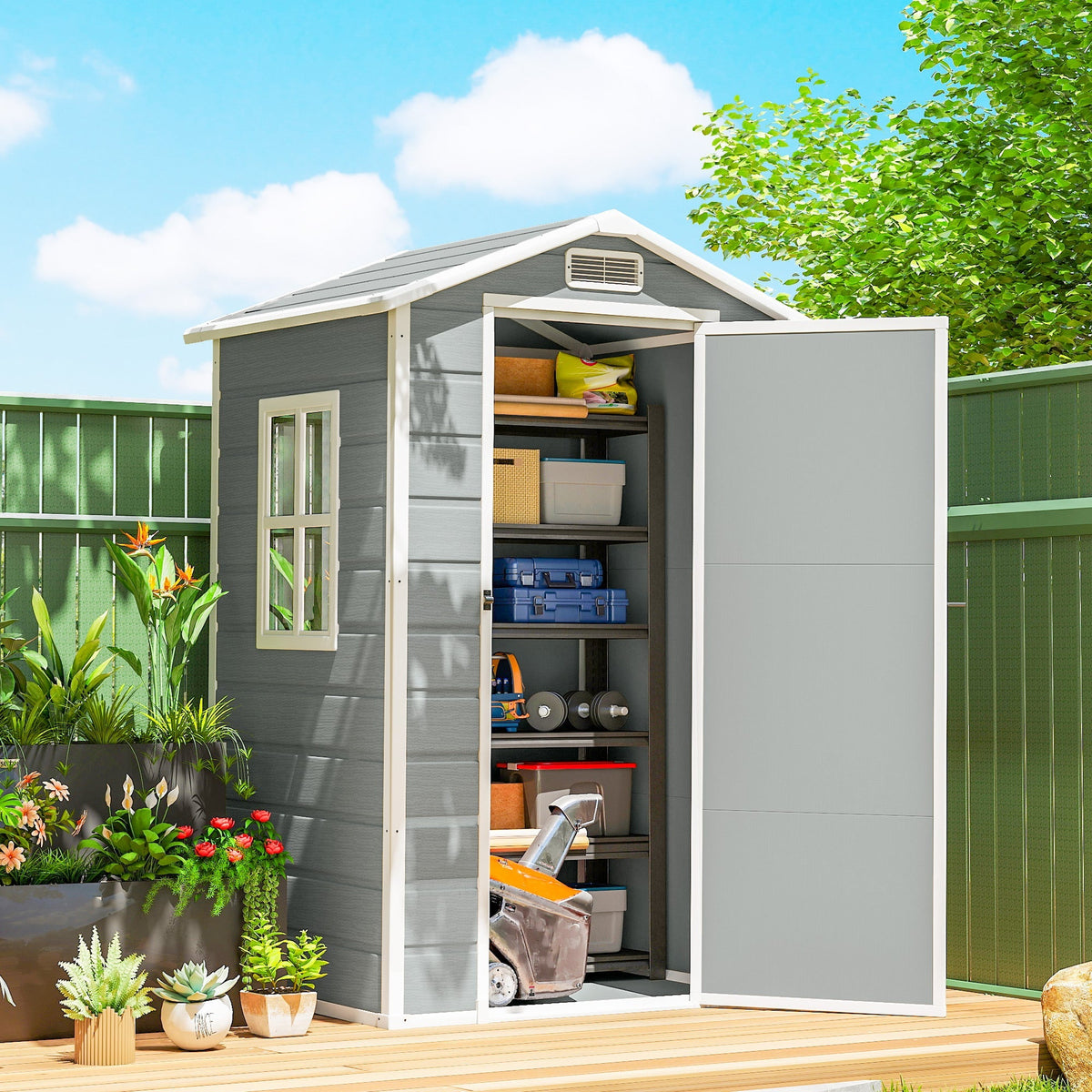 Outsunny 4 x 3 ft Plastic Garden Shed with Floor, Outdoor Storage Shed with Lockable Door, Window and Vent, Light Grey - SGP Garden Ltd