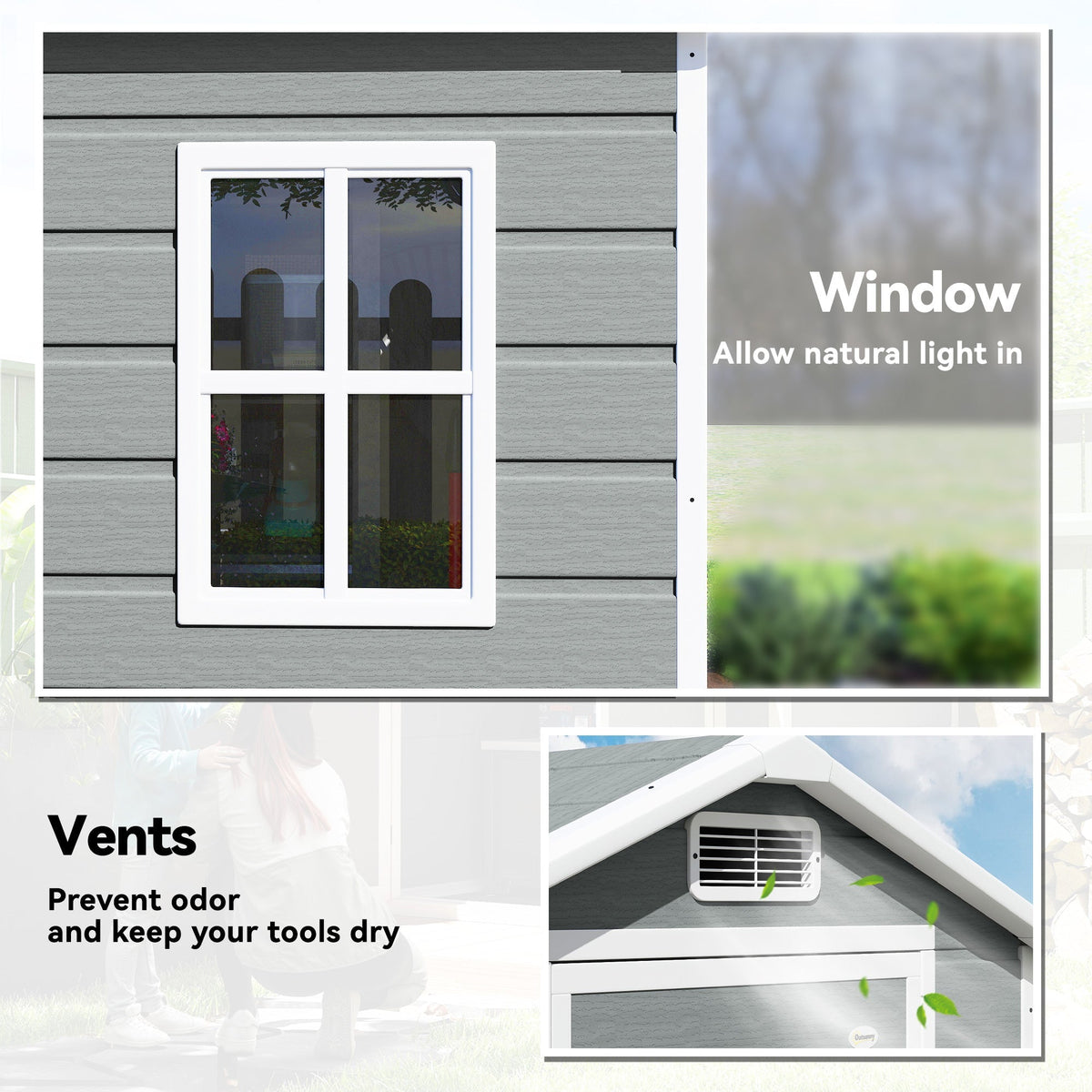 Outsunny 4 x 3 ft Plastic Garden Shed with Floor, Outdoor Storage Shed with Lockable Door, Window and Vent, Light Grey - SGP Garden Ltd