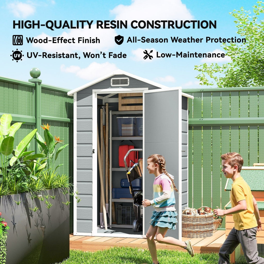 Outsunny 4 x 3 ft Plastic Garden Shed with Floor, Outdoor Storage Shed with Lockable Door, Window and Vent, Light Grey - SGP Garden Ltd