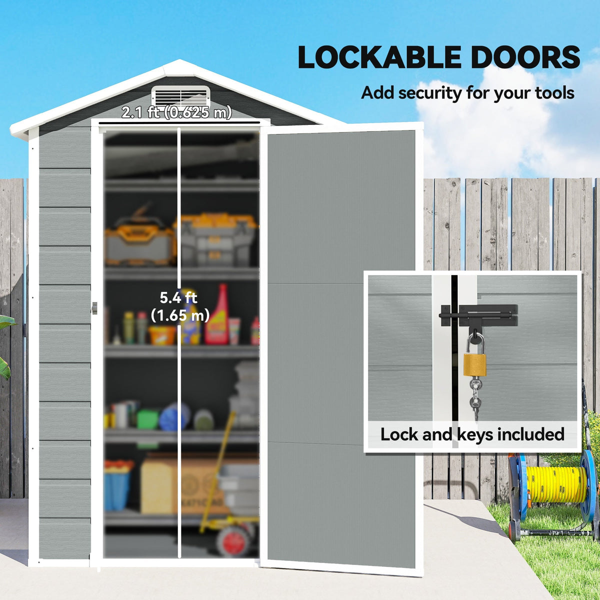 Outsunny 4 x 3 ft Plastic Garden Shed with Floor, Outdoor Storage Shed with Lockable Door, Window and Vent, Light Grey - SGP Garden Ltd