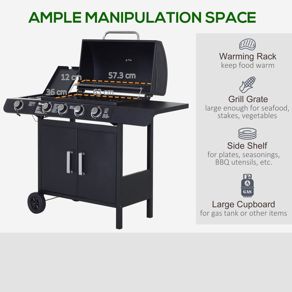 Outsunny 4+1 Burner Gas BBQ Grill, Outdoor Barbecue Trolley with Wheels, Warming Rack, Side Shelves, Cabinet, Thermometer for Garden, Party, Camping, 125 L x 51 W x 100 H cm, Black - SGP Garden Ltd