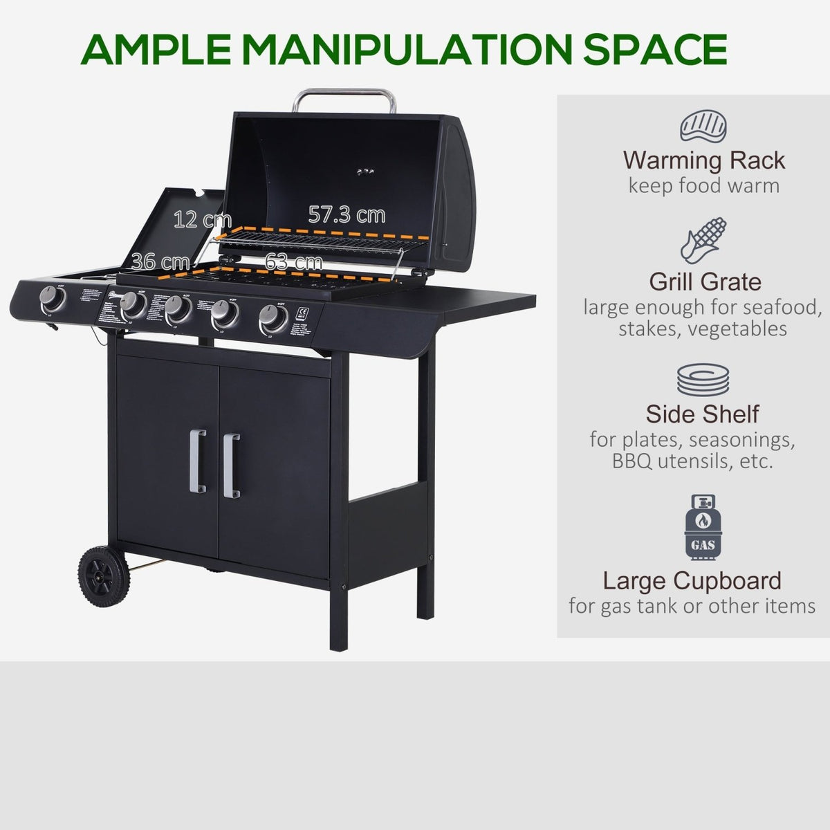Outsunny 4+1 Burner Gas BBQ Grill, Outdoor Barbecue Trolley with Wheels, Warming Rack, Side Shelves, Cabinet, Thermometer for Garden, Party, Camping, 125 L x 51 W x 100 H cm, Black - SGP Garden Ltd