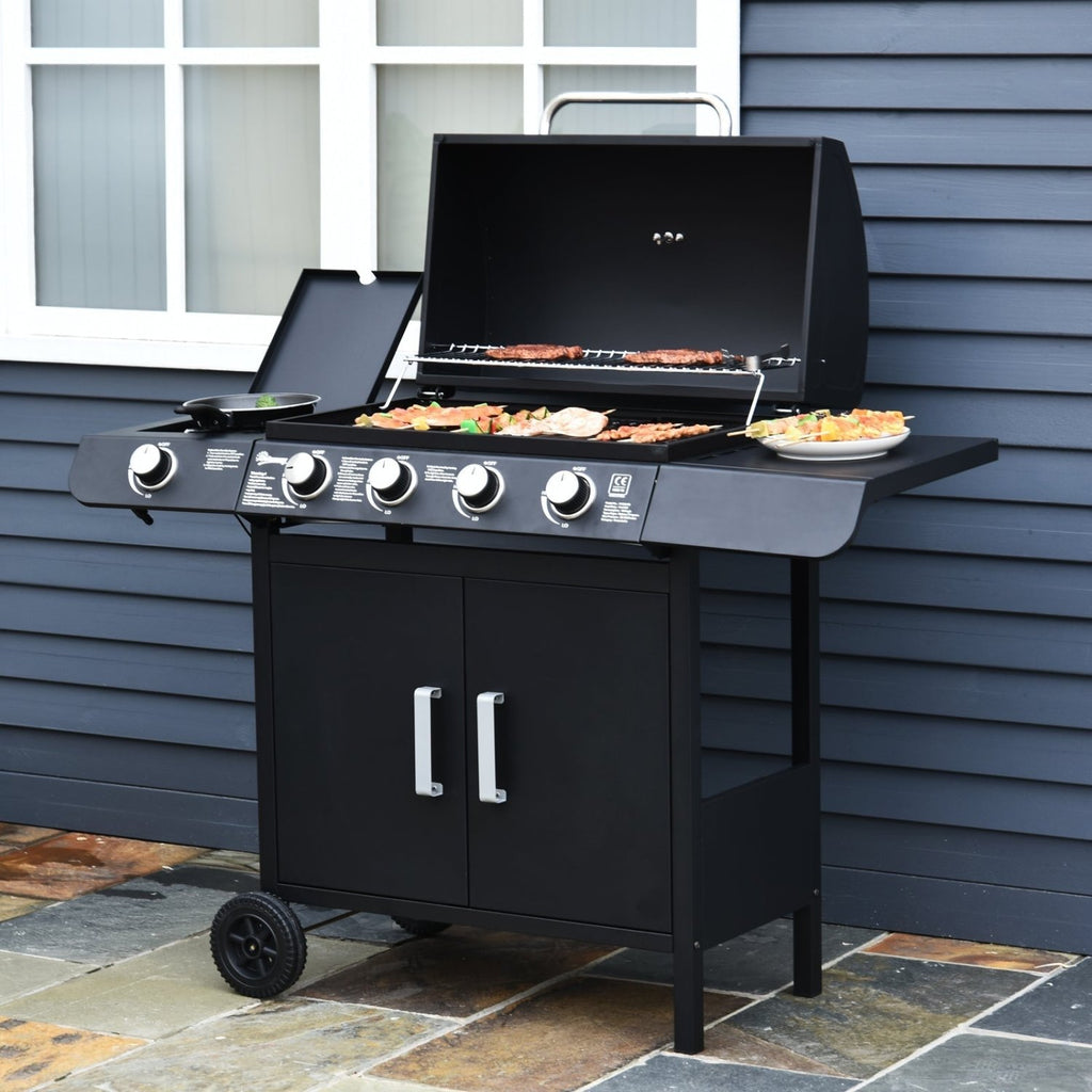 Outsunny 4+1 Burner Gas BBQ Grill, Outdoor Barbecue Trolley with Wheels, Warming Rack, Side Shelves, Cabinet, Thermometer for Garden, Party, Camping, 125 L x 51 W x 100 H cm, Black - SGP Garden Ltd