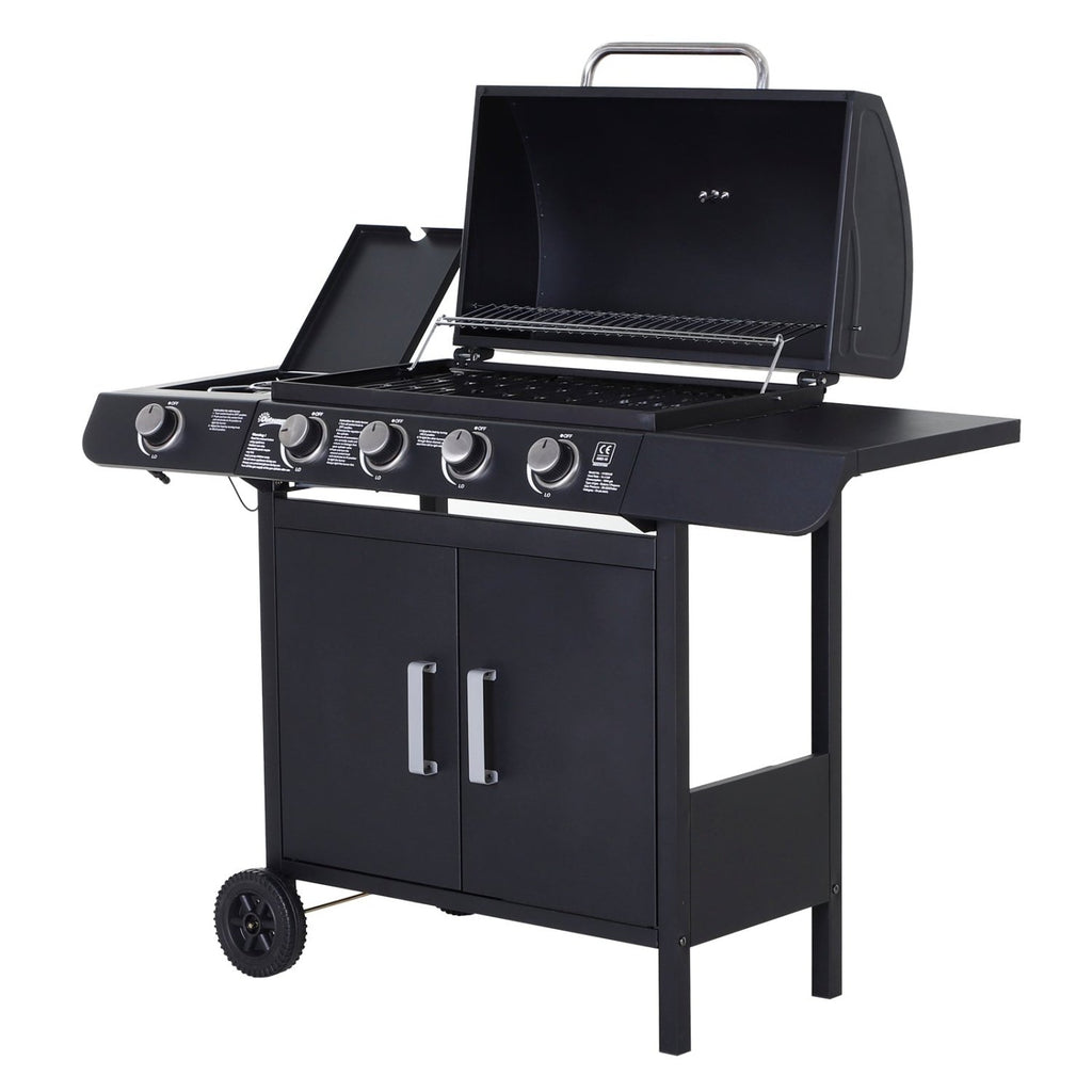 Outsunny 4+1 Burner Gas BBQ Grill, Outdoor Barbecue Trolley with Wheels, Warming Rack, Side Shelves, Cabinet, Thermometer for Garden, Party, Camping, 125 L x 51 W x 100 H cm, Black - SGP Garden Ltd