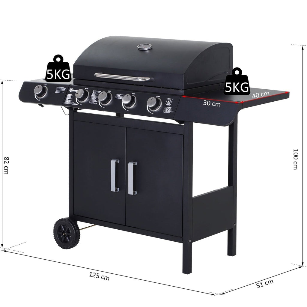 Outsunny 4+1 Burner Gas BBQ Grill, Outdoor Barbecue Trolley with Wheels, Warming Rack, Side Shelves, Cabinet, Thermometer for Garden, Party, Camping, 125 L x 51 W x 100 H cm, Black - SGP Garden Ltd
