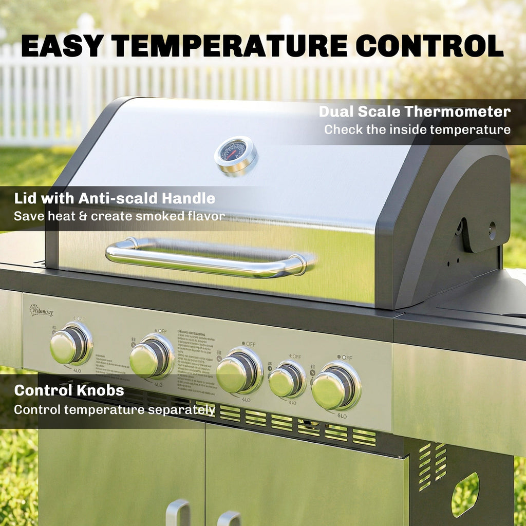 Outsunny 4+1 Burner Gas BBQ Grill, Portable Gas Barbecue Grill with Side Burner, Warming Rack, Side Shelf, Storage Cabinet - SGP Garden Ltd