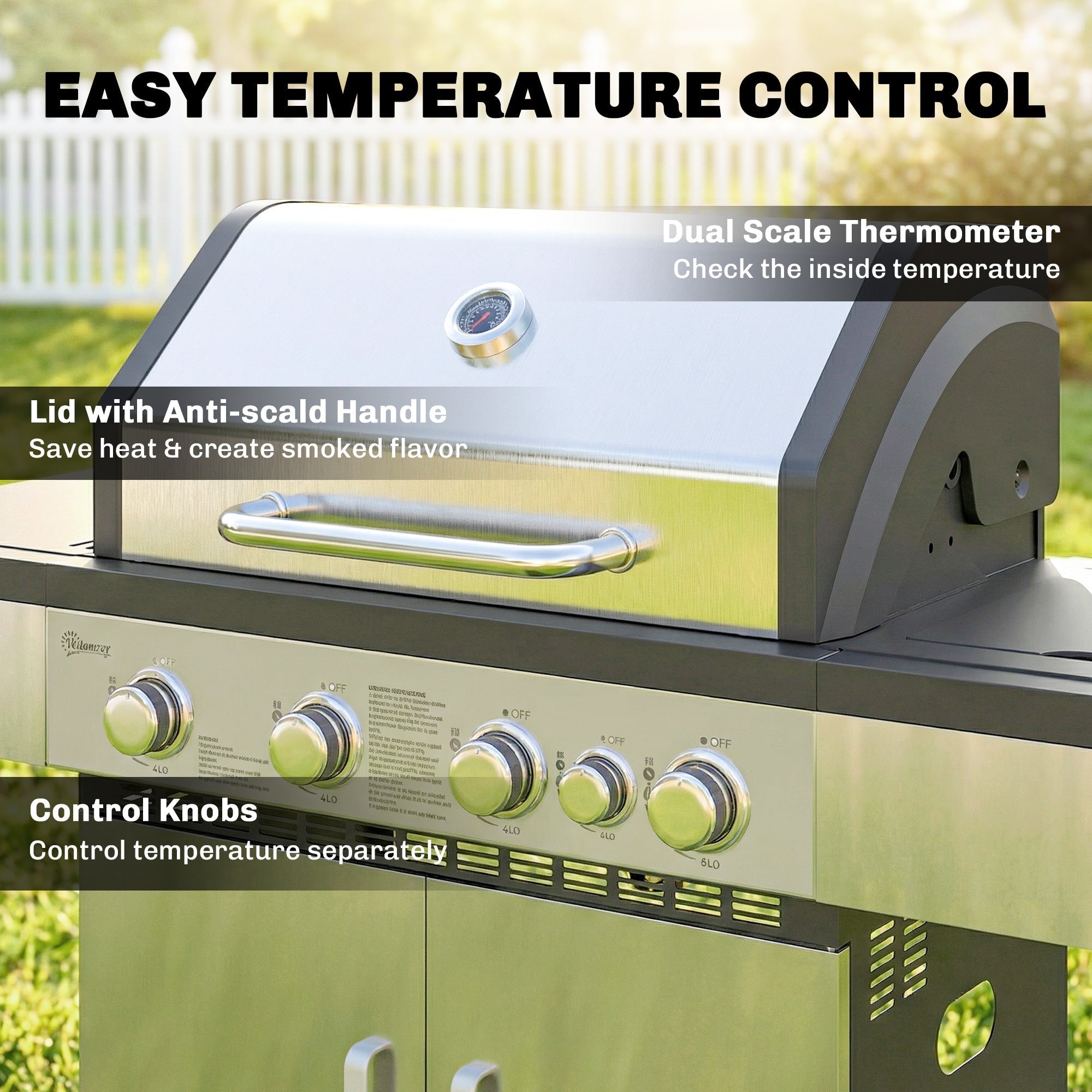 Outsunny 4+1 Burner Gas BBQ Grill, Portable Gas Barbecue Grill with Side Burner, Warming Rack, Side Shelf, Storage Cabinet - SGP Garden Ltd