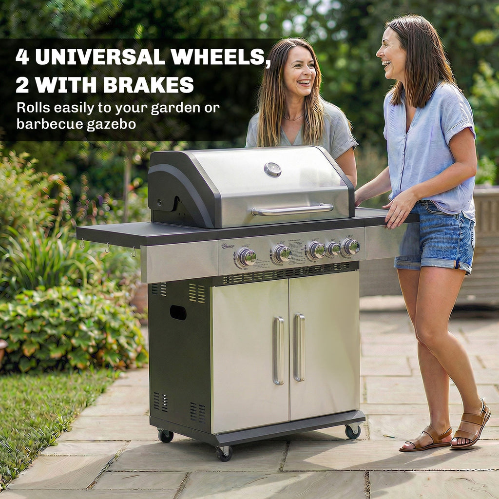 Outsunny 4+1 Burner Gas BBQ Grill, Portable Gas Barbecue Grill with Side Burner, Warming Rack, Side Shelf, Storage Cabinet - SGP Garden Ltd