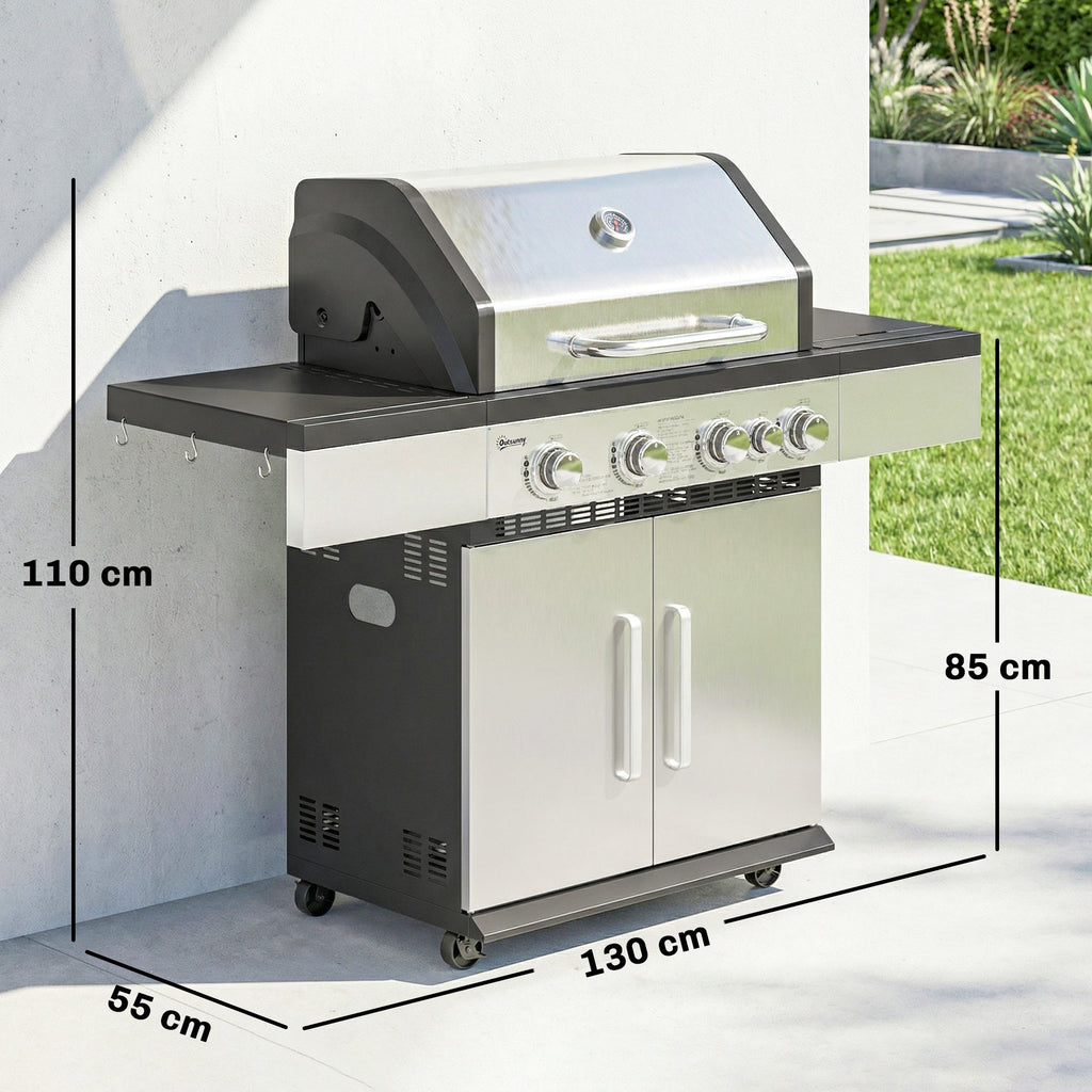 Outsunny 4+1 Burner Gas BBQ Grill, Portable Gas Barbecue Grill with Side Burner, Warming Rack, Side Shelf, Storage Cabinet - SGP Garden Ltd