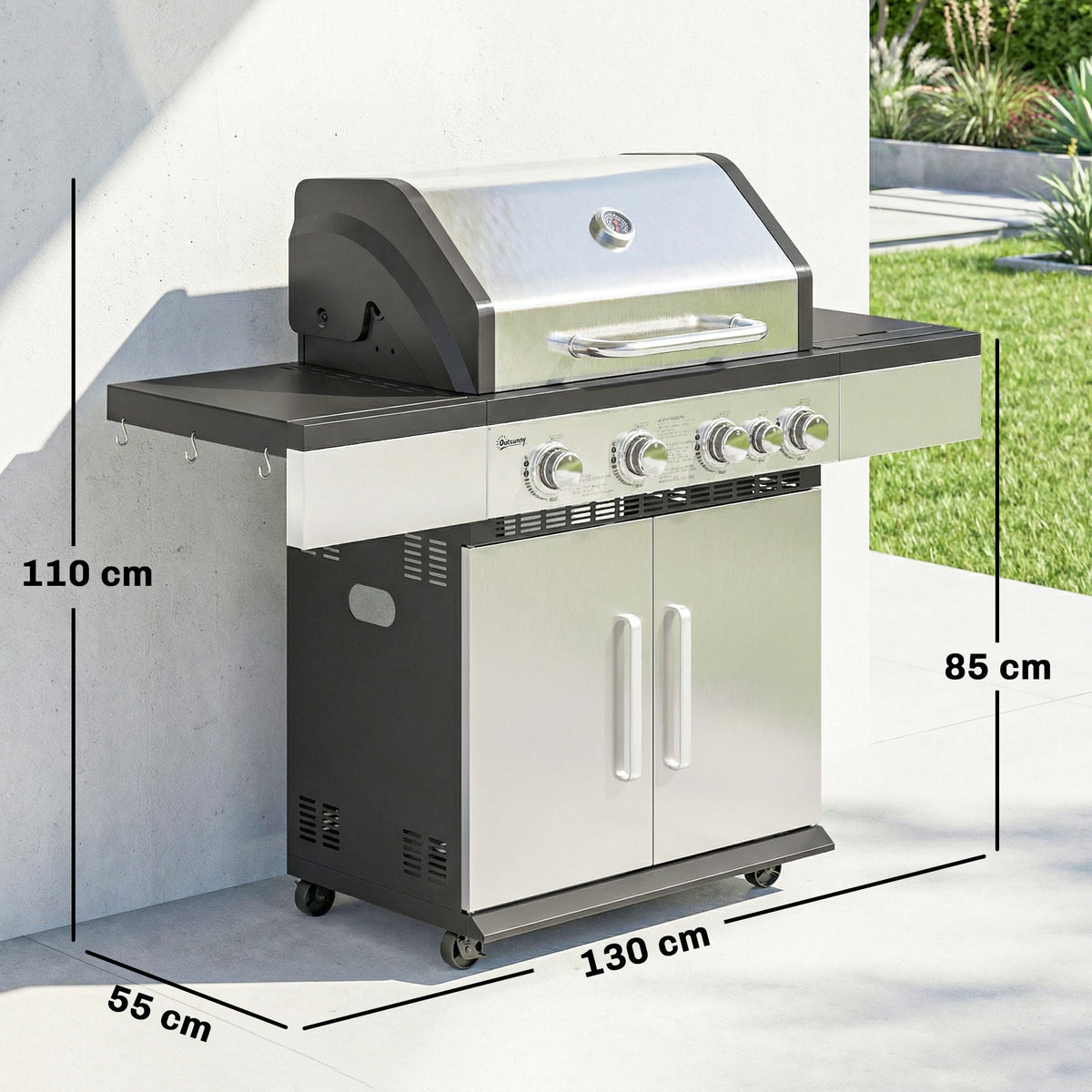 Outsunny 4+1 Burner Gas BBQ Grill, Portable Gas Barbecue Grill with Side Burner, Warming Rack, Side Shelf, Storage Cabinet - SGP Garden Ltd