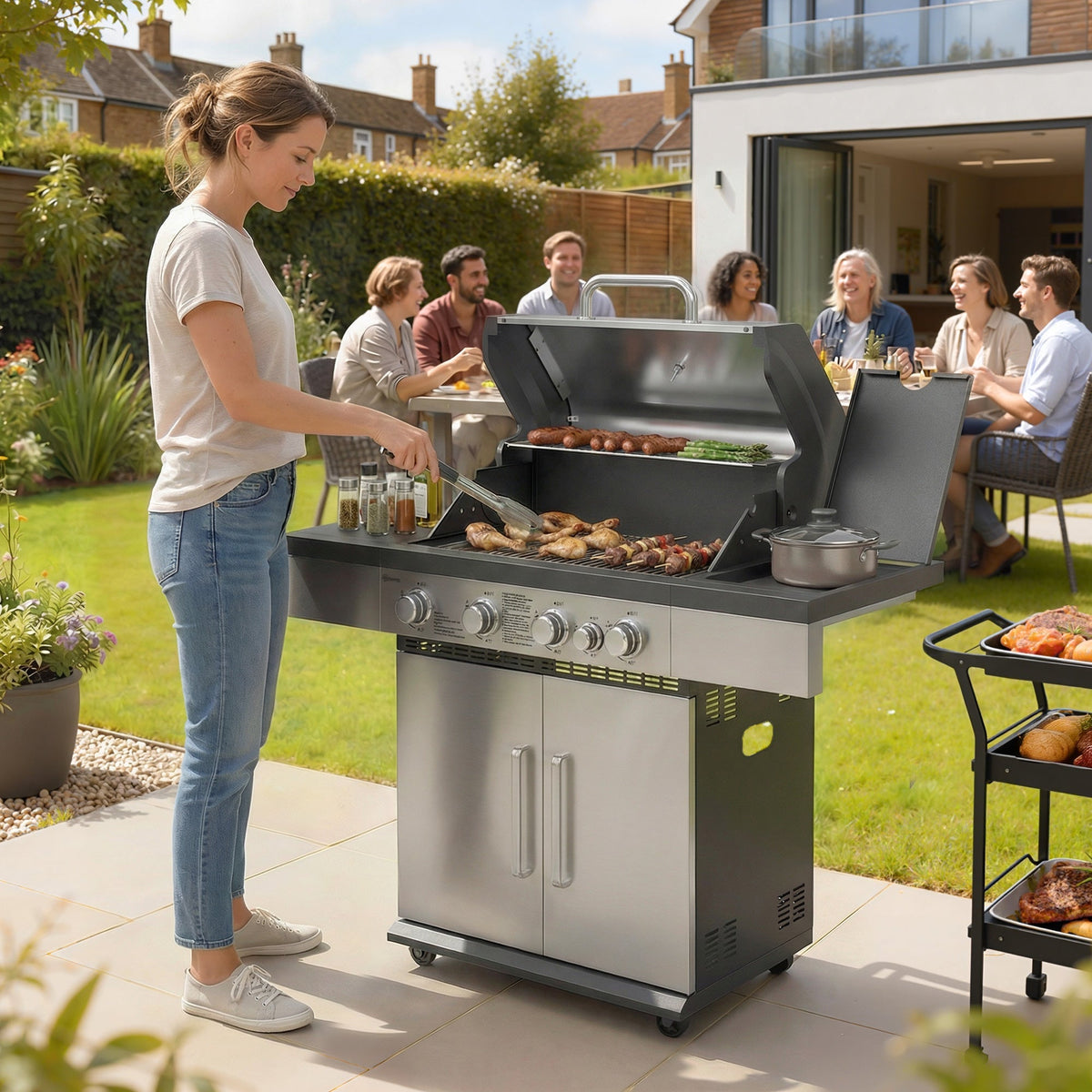 Outsunny 4+1 Burner Gas BBQ Grill, Portable Gas Barbecue Grill with Side Burner, Warming Rack, Side Shelf, Storage Cabinet - SGP Garden Ltd