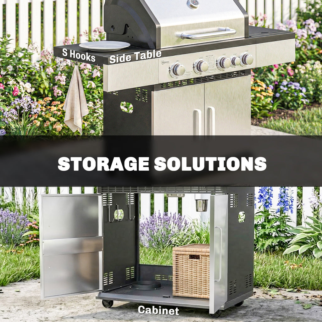 Outsunny 4+1 Burner Gas BBQ Grill, Portable Gas Barbecue Grill with Side Burner, Warming Rack, Side Shelf, Storage Cabinet - SGP Garden Ltd