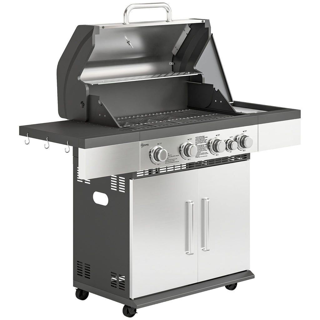 Outsunny 4+1 Burner Gas BBQ Grill, Portable Gas Barbecue Grill with Side Burner, Warming Rack, Side Shelf, Storage Cabinet - SGP Garden Ltd
