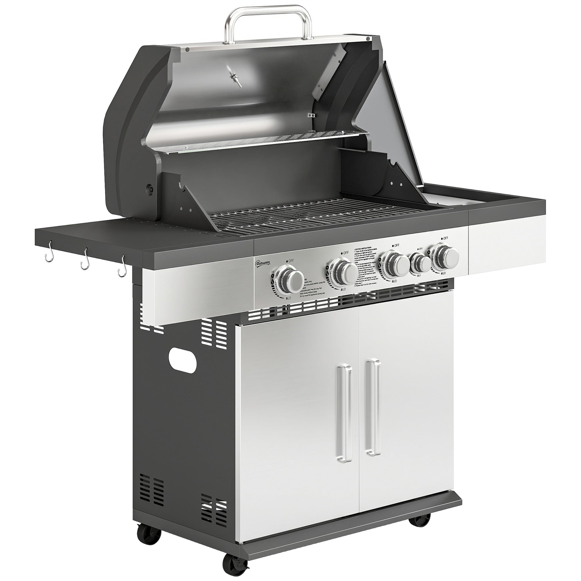 Outsunny 4+1 Burner Gas BBQ Grill, Portable Gas Barbecue Grill with Side Burner, Warming Rack, Side Shelf, Storage Cabinet - SGP Garden Ltd