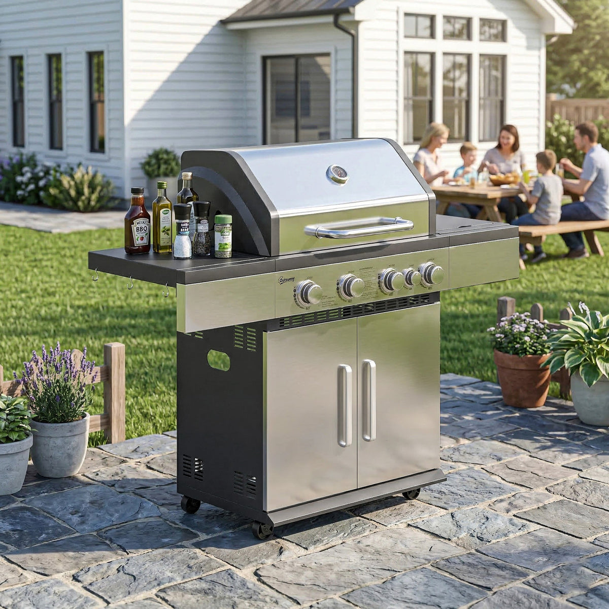Outsunny 4+1 Burner Gas BBQ Grill, Portable Gas Barbecue Grill with Side Burner, Warming Rack, Side Shelf, Storage Cabinet - SGP Garden Ltd
