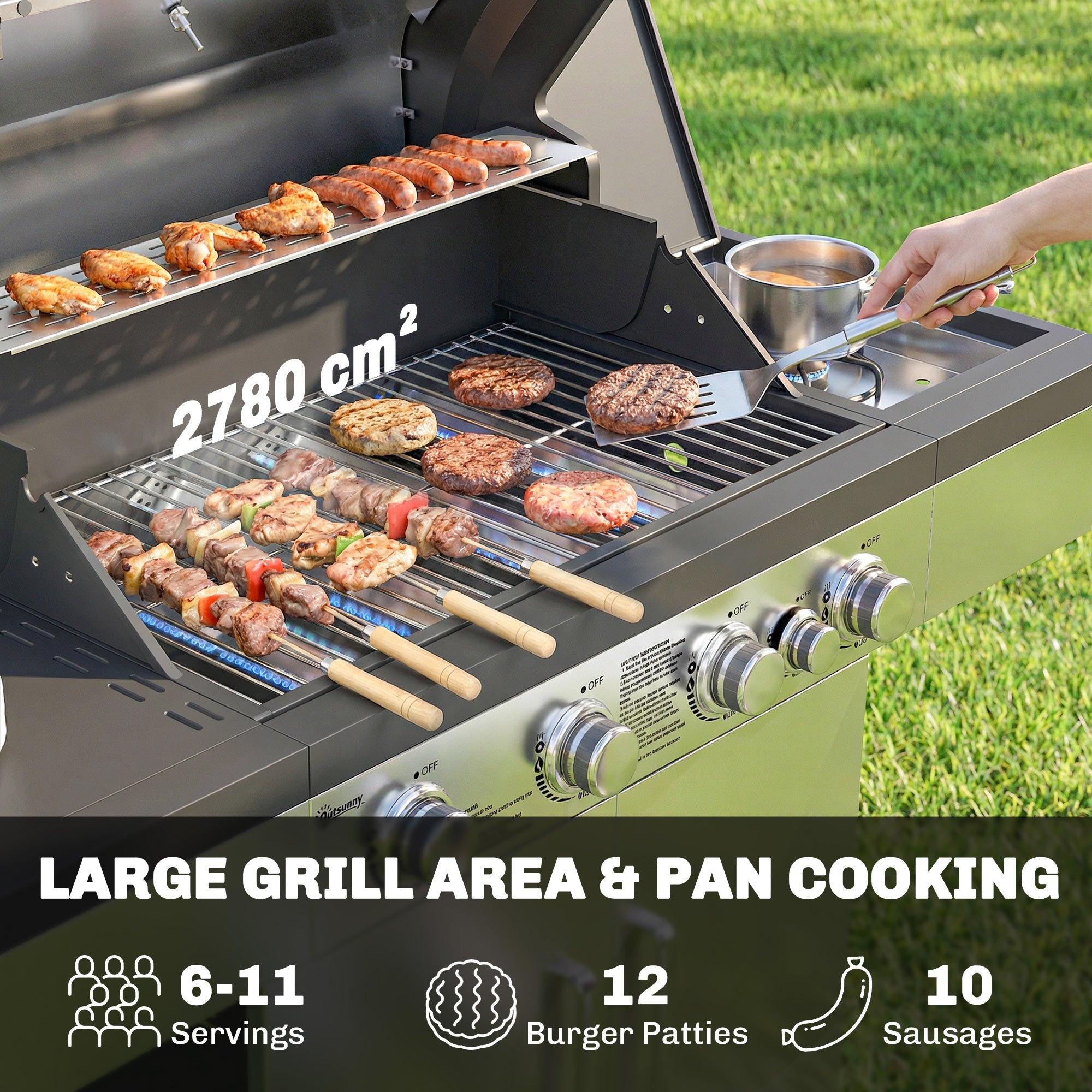 Outsunny 4+1 Burner Gas BBQ Grill, Portable Gas Barbecue Grill with Side Burner, Warming Rack, Side Shelf, Storage Cabinet - SGP Garden Ltd